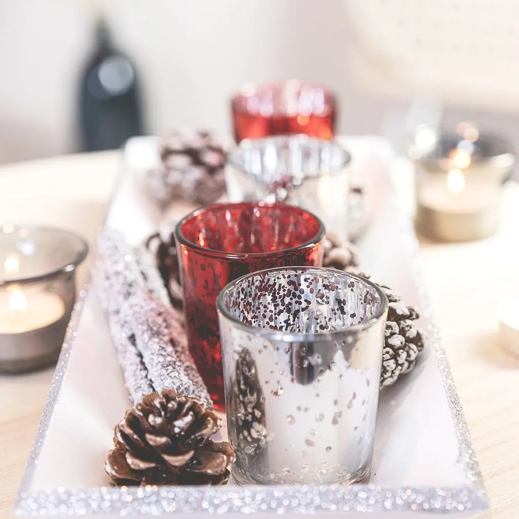 Adventi mécsestartó, toboz díszítéssel, ezüst-piros - POMME