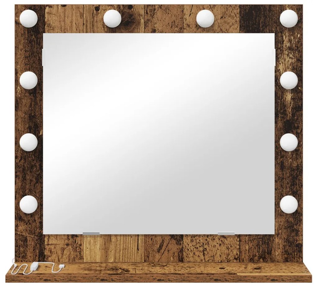 LED világítással ellátott tükör, régi fa, 60x55x18 cm