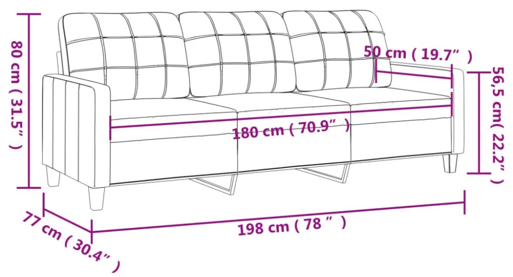 vidaXL 3 személyes fekete műbőr kanapé 180 cm