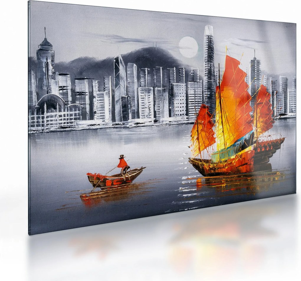 Festmény - Victoria Harbour, Hong Kong, fekete-fehér olajfestmény (üvegen) (70x50 cm)