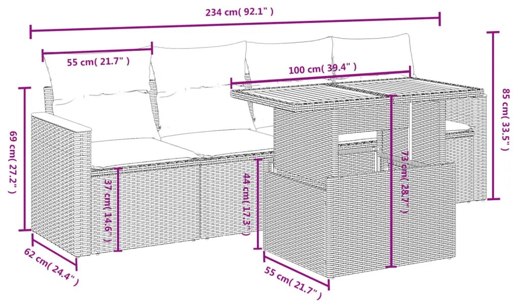 5 részes szürke polyrattan kerti ülőgarnitúra párnákkal