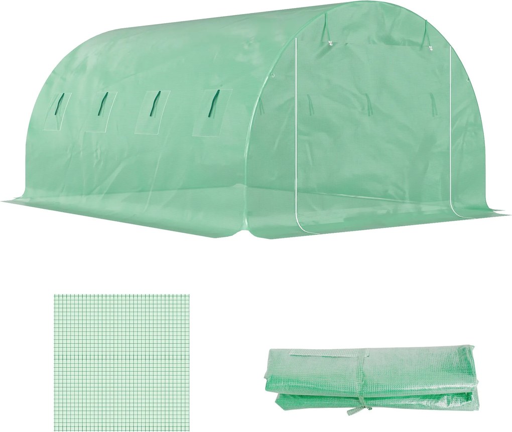 Outsunny Cserefilm Kertalagút Üvegházhoz 12 m², Film 4 x 3 x 2 m PE UV-álló Vízálló 8 Ablakkal + Feltekerhető Cipzáras Ajtó Zöld | Aosom