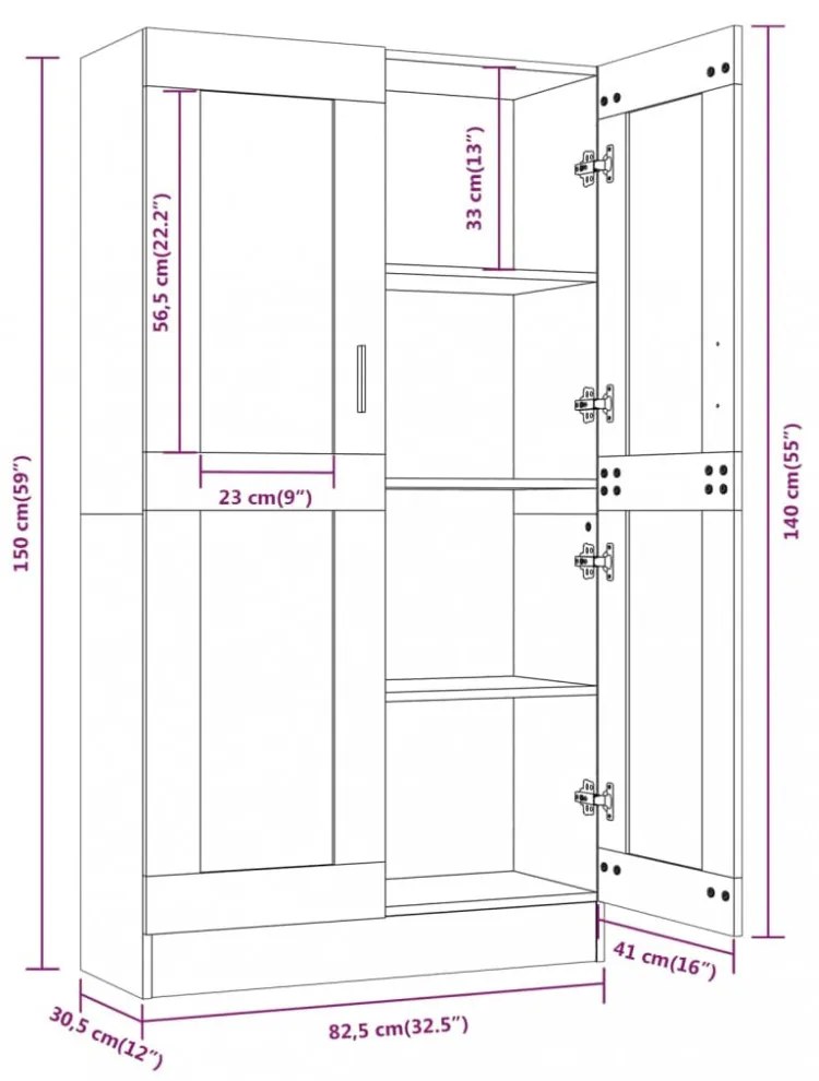 füstös tölgy színű szerelt fa vitrinszekrény 82,5x30,5x150 cm