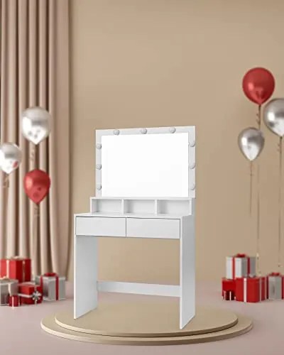 VANESA öltözőasztal nagy tükörrel és világítással, 80x40x140 cm, fehér SongmicsHome