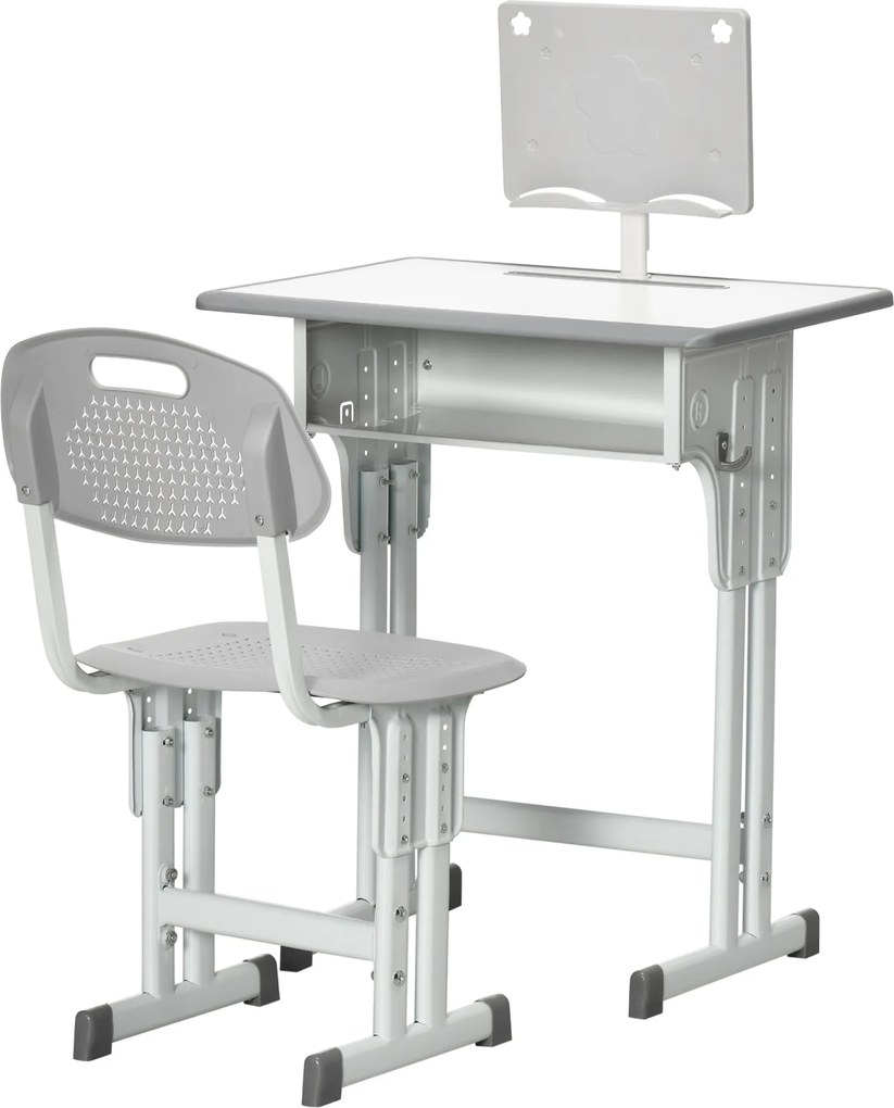 HOMCOM Gyerek Íróasztal és Szék Készlet 6-12 Éves Gyermekeknek, Állítható Magasságú Asztal 1 Fiókkal, 1 Ceruzatartóval és 1 Könyvespolccal, Acél, 60x4