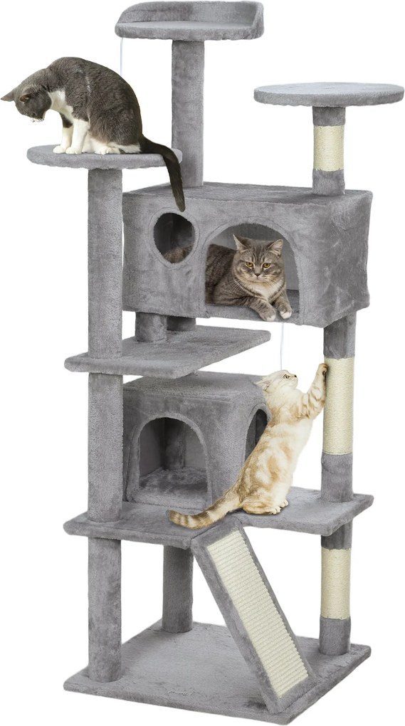 PawHut Macska Kaparóoszlop 137 cm Magas Macska Fa Mászótorony Sisal Kaparóoszlopokkal, Platformokkal, Barlangokkal, Lógó Labdákkal és Hintaágyakkal -