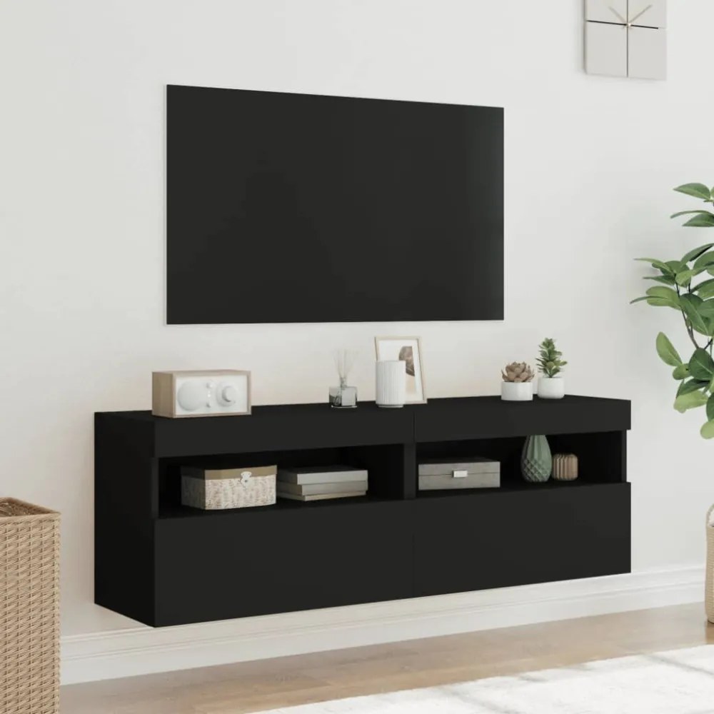 2 db fekete fali TV-szekrény LED-világítással 60x30x40 cm