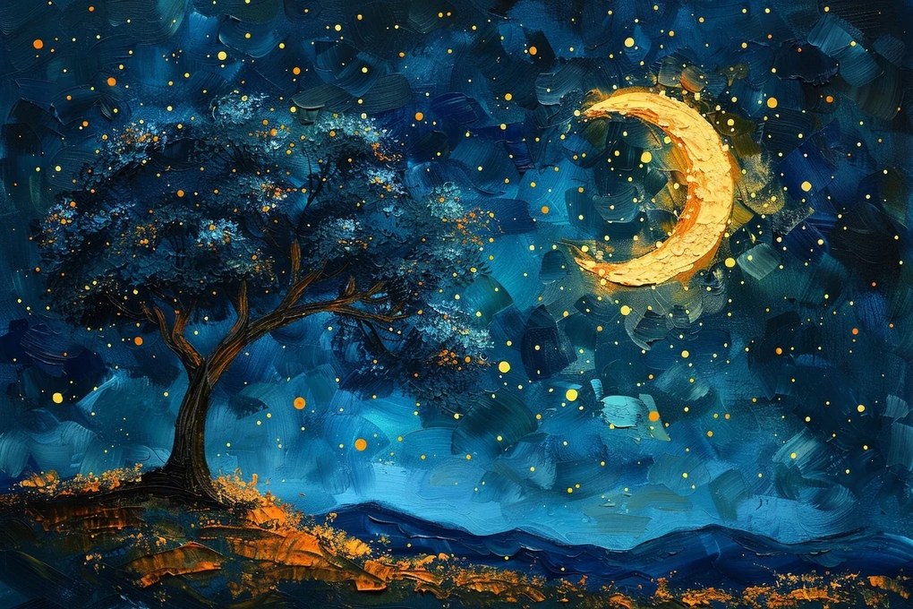 Vászonkép Canvas Tájkép Éjszaka Ég Csillagok Hold Új Fa 60x40