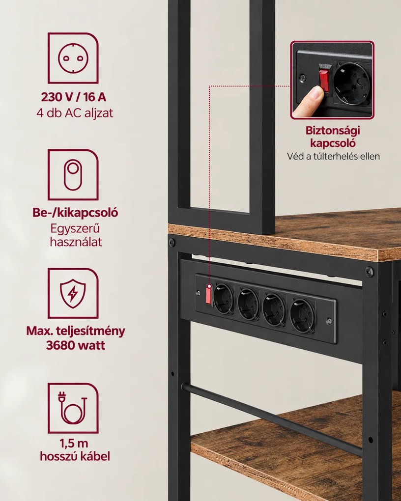 Konyhai polc konnektorokkal, állópolc, 40 × 80 × 180,4 cm, vintage barna–fekete színben
