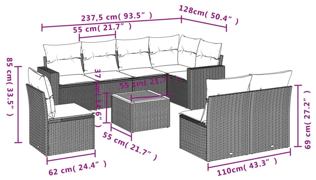 9 részes fekete polyrattan kerti ülőgarnitúra párnákkal