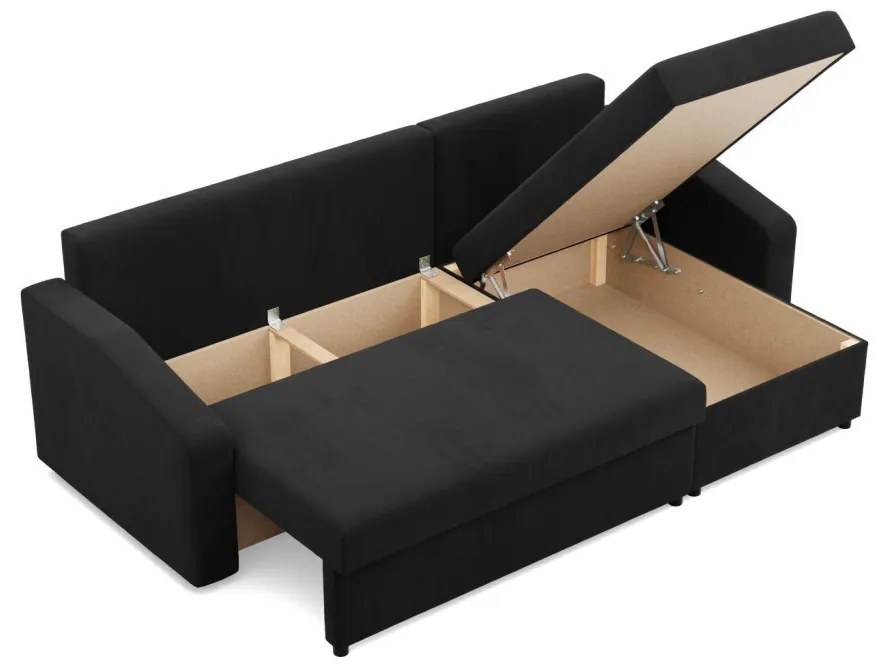 Zeus sarokkanapé, 1 ágyneműtartóval, döntött kartámasz, szövet anyag, univerzális oldal, bonell töltet, fekete