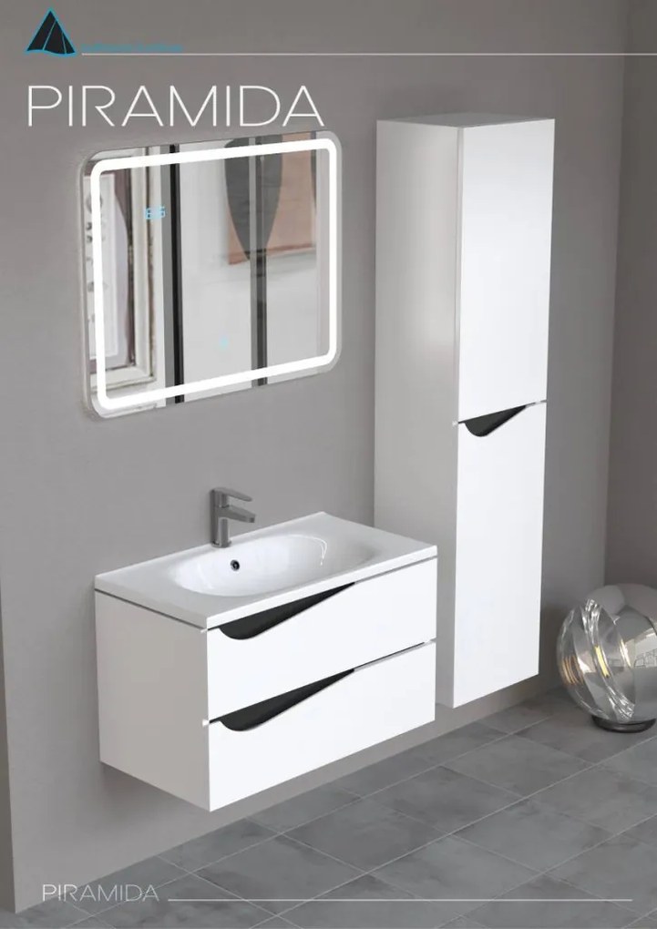 Piramida EURIDIKA fali fürdőszobabútor - műmárvány mosdóval -2 fiókos - ALPINFEHÉR-FEKETE - 75 x 48 x 55 cm