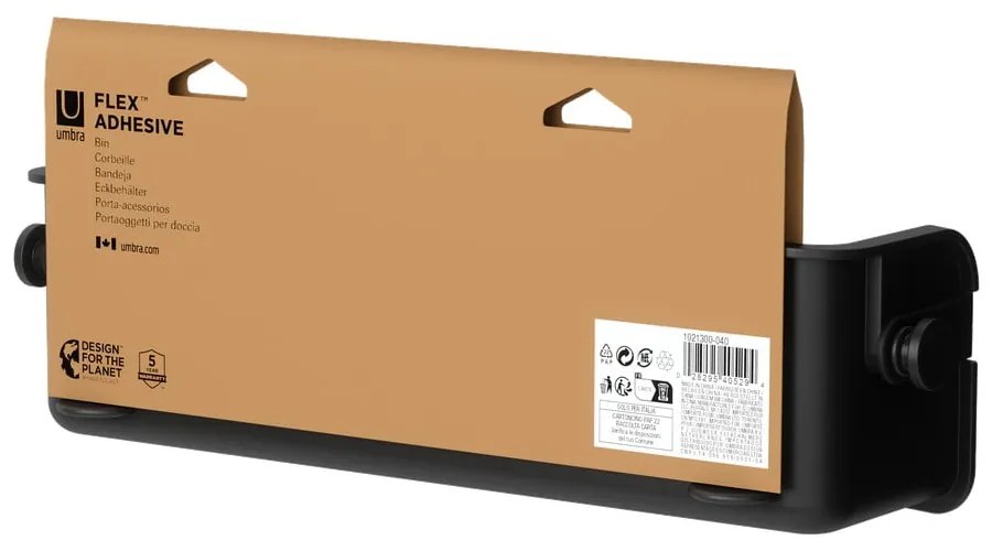 Fekete öntapadós műanyag fürdőszobai polc Flex Adhesive – Umbra