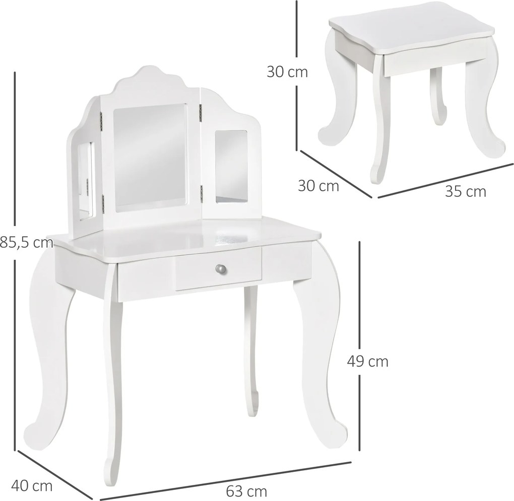 HOMCOM Gyermek Sminkasztal Puffal, Tripla Tükörrel és Gördíthető Fiókkal - Sminkasztal méretei: 63L x 40W x 85.5H cm - Fehér Akryl | Aosom