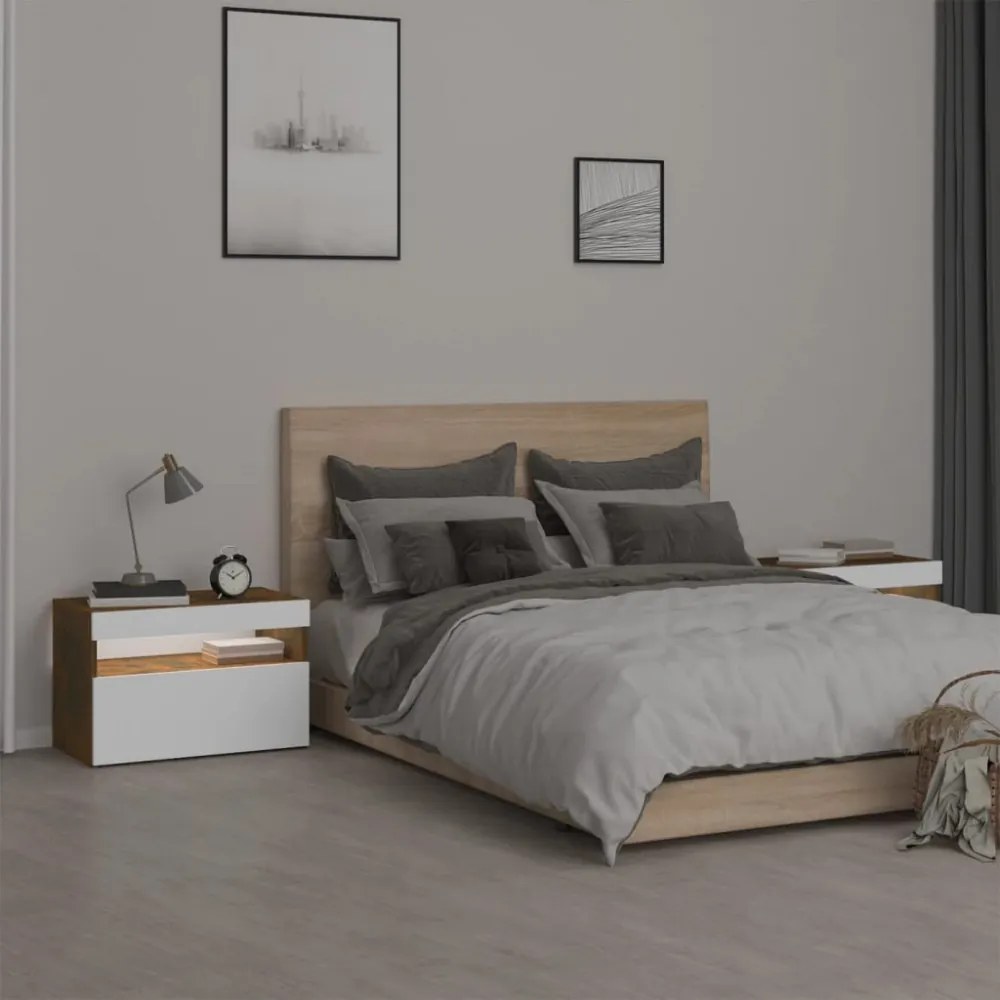2 db füstös tölgy színű éjjeliszekrény LED-ekkel 60x35x40 cm