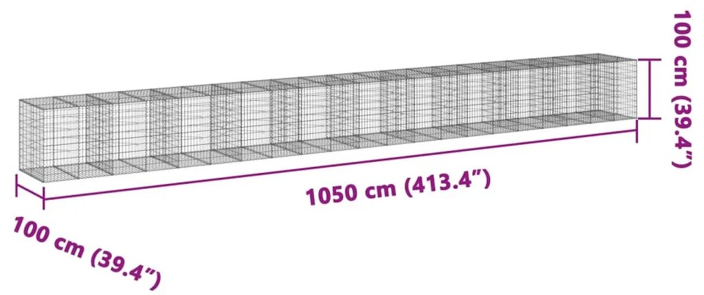 horganyzott vas gabion kosár fedéllel 1050 x 100 x 100 cm