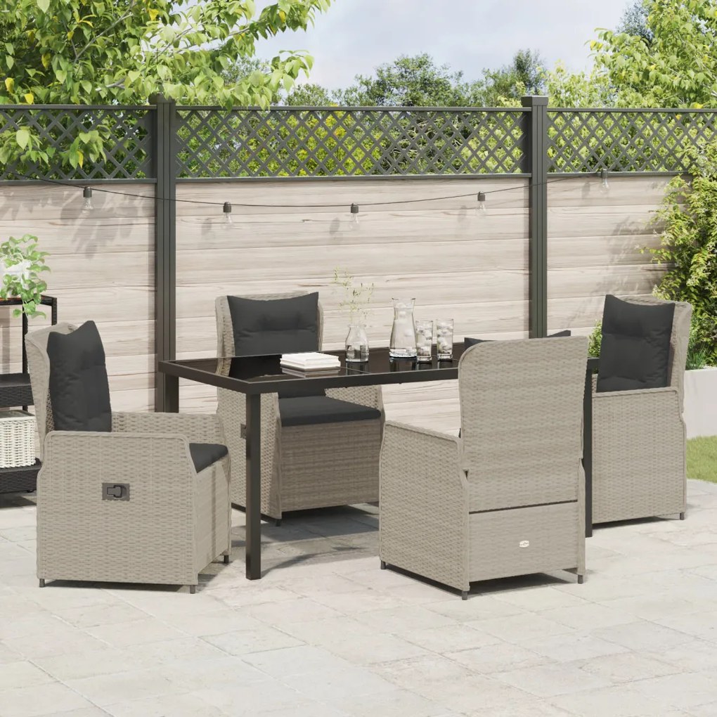5 darabos Kerti Étkezőszett Világosszürke Poli Rattan, Kerti Asztal Fekete 160x80x73 cm Edzett Üveg