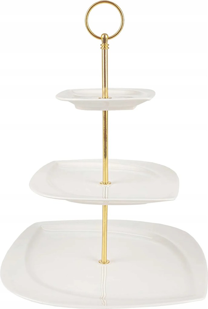 Patera Háromszintes Porcelán Állvány sütemény gyümölcs Luiza Arany