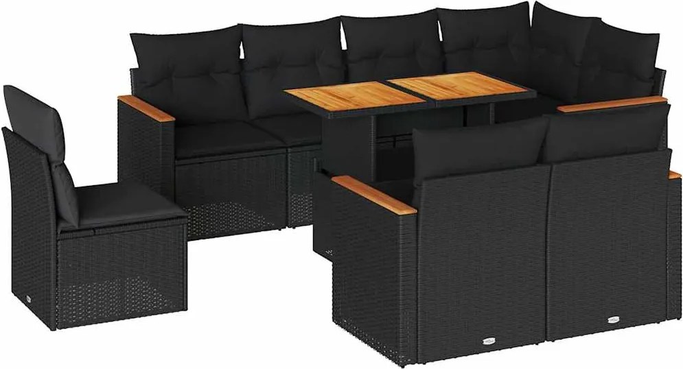 vidaXL 9 részes fekete polyrattan akácfa kerti ülőgarnitúra párnákkal