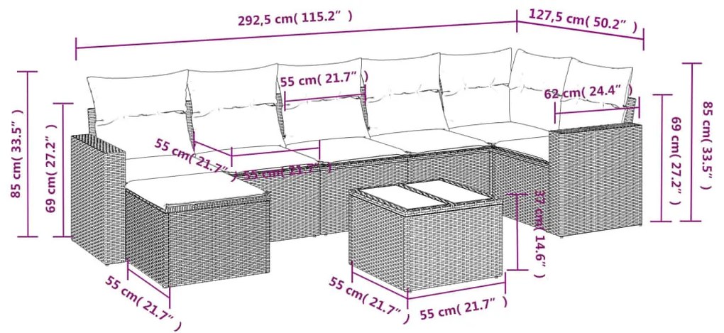 8 részes fekete polyrattan kerti ülőgarnitúra párnákkal