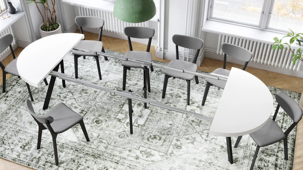 Mazzoni EXPANSO Fehér Matt/fekete lábak - LOFT/IPARI STÍLUSÚ 310 cm-re BŐVÍTHETŐ NAGY KEREK ASZTAL Ø110 Y LÁBAKKAL