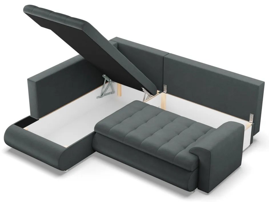 Tokio sarokkanapé, L alakú háttámlával, 2 ágyneműtartóval, bársony, baloldali, szürke