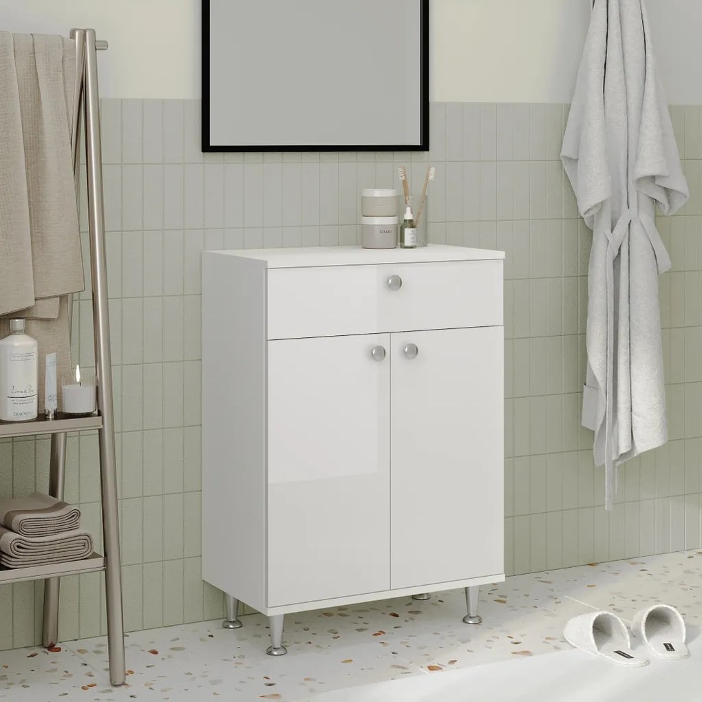 Zaria 2 ajtós, 1 fiókos fürdőszobai szekrény, Fényes fehér / Fehér, MDF, 60 x 35 x 85 cm