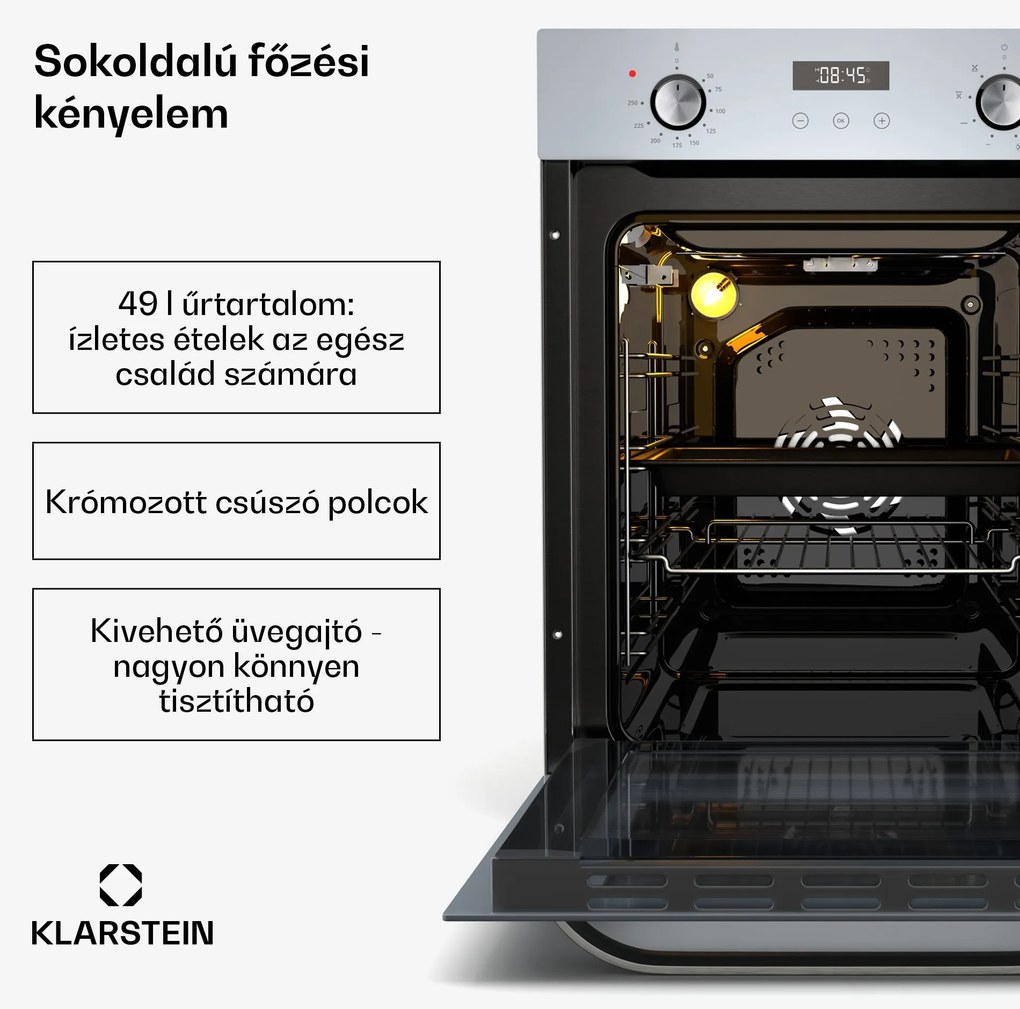 Klarstein SmartSlim sütő, Slim kivitel, 8 funkció, 49 l térfogat, könnyű tisztítás, EEK A