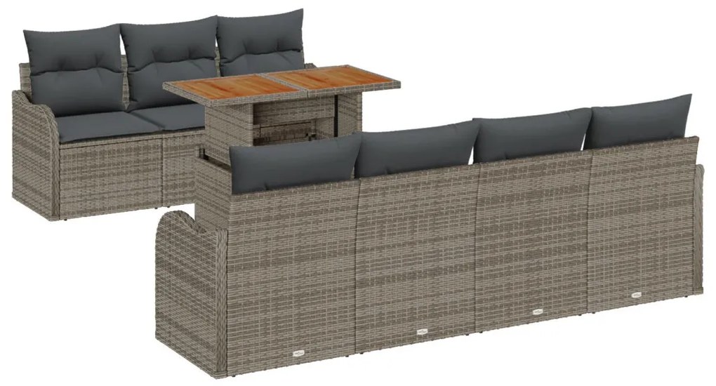 8 részes kertibútor szett párnákkal szürke poli rattan, 2 személyes kertibútor tárolóval és párnákkal szürke poli rattan