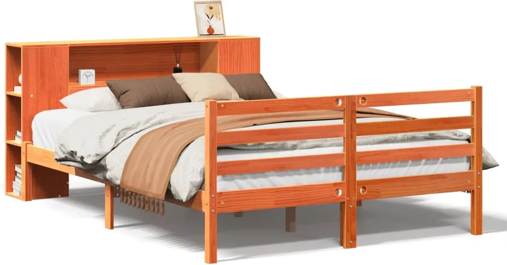 vidaXL barna tömör fenyőfa könyvespolcos ágy matrac nélkül 160 x 200cm