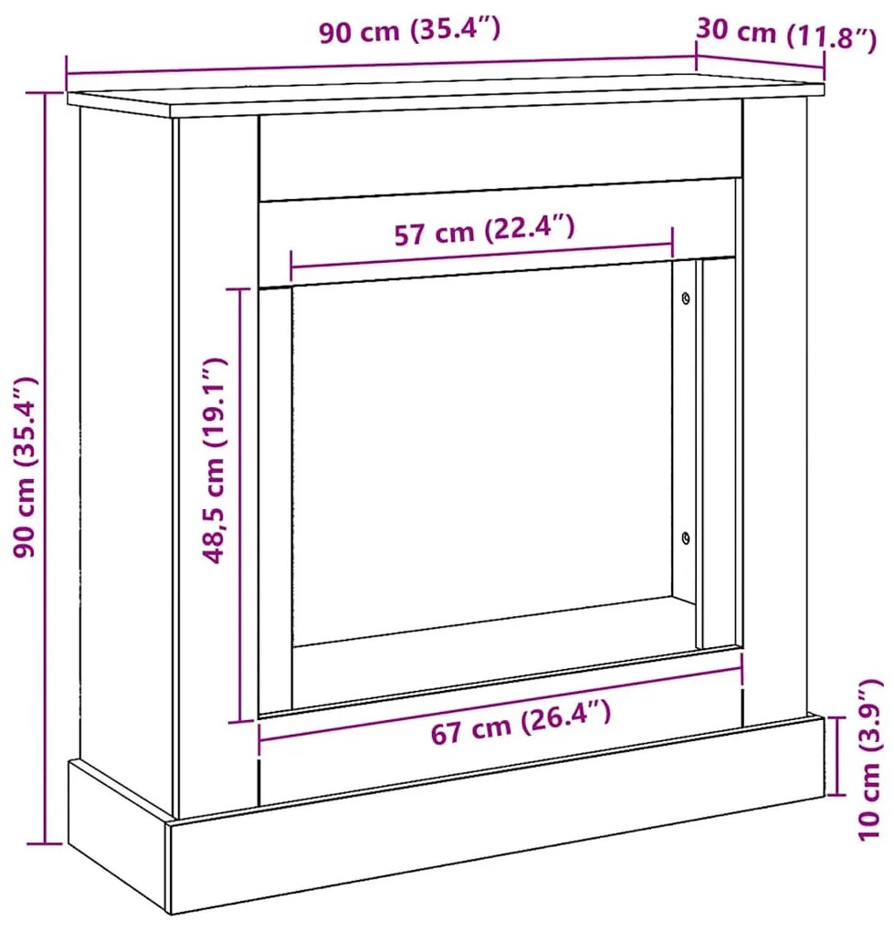 kézműves tölgy színű szerelt fa kandallóburkolat 90x30x90 cm