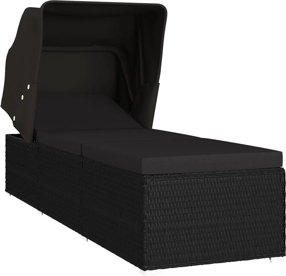 vidaXL fekete polyrattan napozóágy ponyvával és párnával