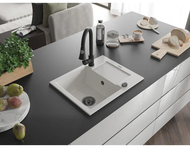 Mexen Enzo, 1 kamrás gránit mosogató 576x465x174 mm és Elia mosogató csaptelep, fehér, 6506-20-670101-70