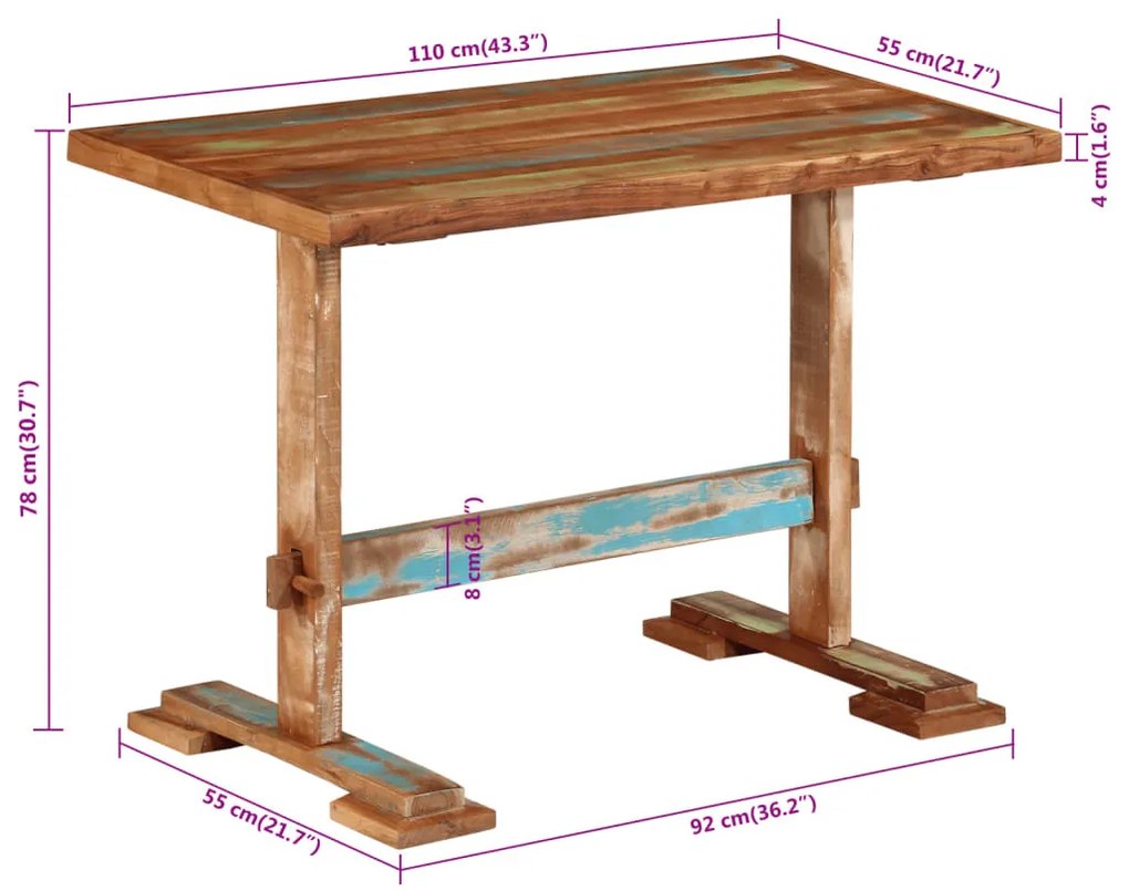 tömör újrahasznosított fa étkezőasztal 110x55x78 cm