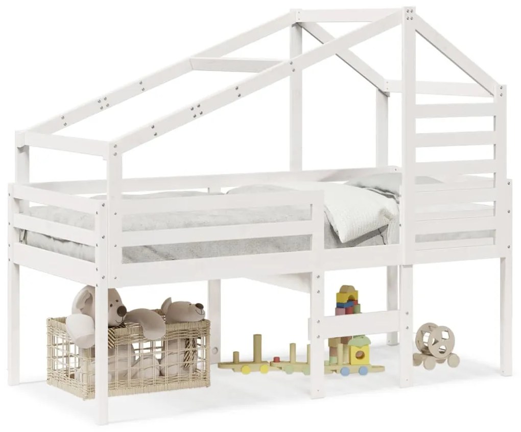 fehér tömör fenyőfa magasított ágy tetővel 90 x 200 cm