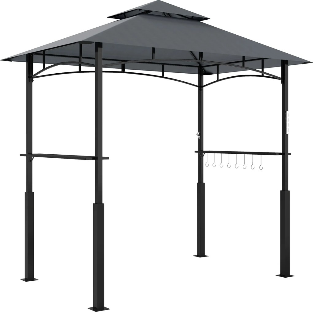 Outsunny Grill Pavilon LED világítással 243 x 148 x 248 cm Vízálló Tűzálló Kerti Pavilon Két Rétegű Tetővel, Oldalsó Polcokkal, UV Védelemmel, Fém Gri