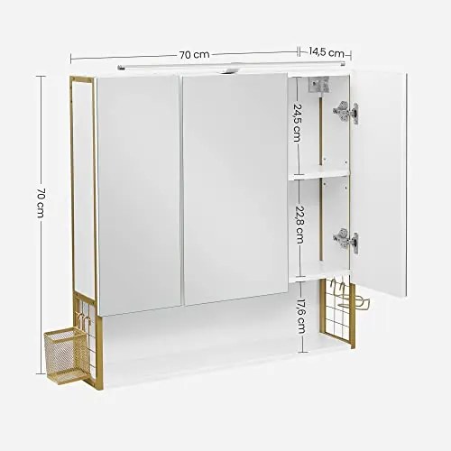 Fürdőszobai tükrös szekrény világítással, fehér-arany, 14,5×70×70 cm