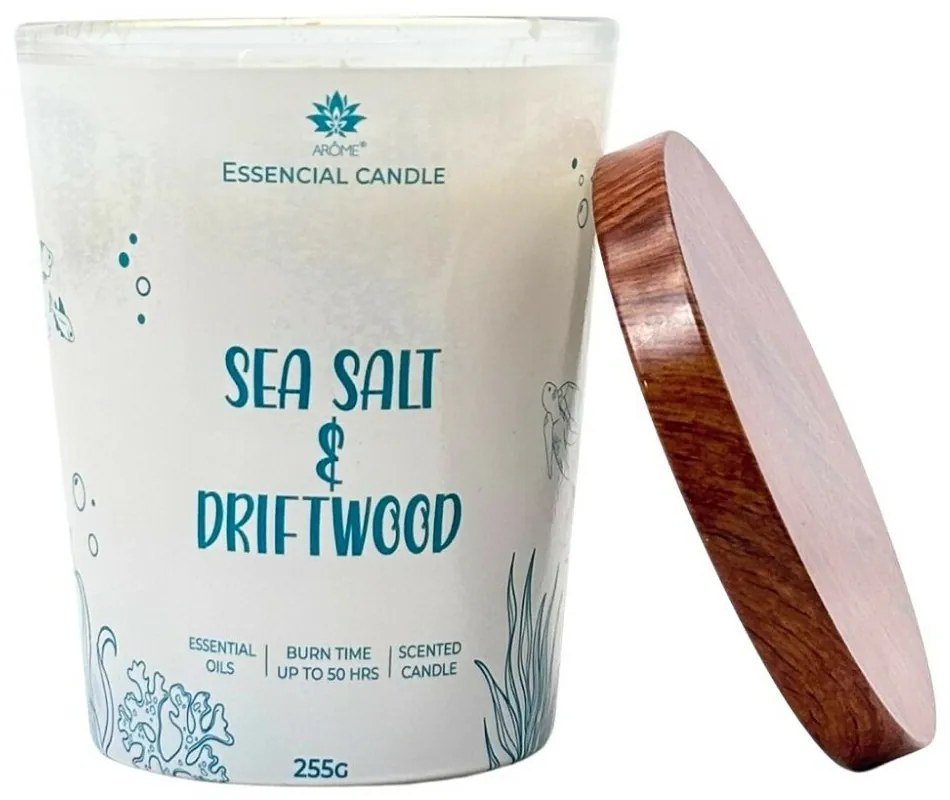 Arome Sea salt & Driftwood gyertya üvegben, fém fedéllel 255g