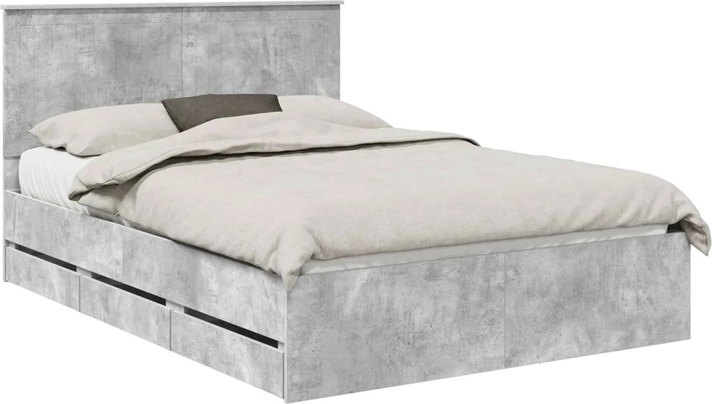 vidaXL Ágykeret fiókkal tárolóval Beton Szürke 135 x 190 cm Mérnöki Fa