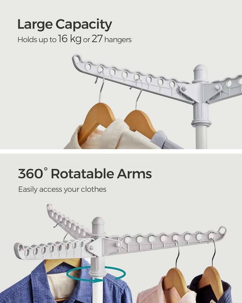 Ruhaszárító állvány, 3 forgatható karral vállfák számára 150 cm magas, szürke és fehér színben