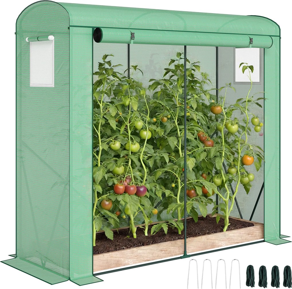 Outsunny üvegház hálós ablakokkal és felhúzható ajtóval, acélvázas PE üvegház, 200 x 75 x 188 cm, ideális paradicsomhoz, zöldségekhez és virágokhoz |