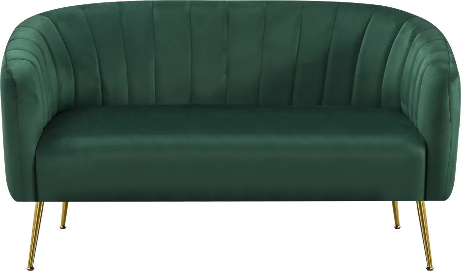 Design kétszemélyes kanapé, sötétzöld Velvet szövet/gold króm-arany, BAGY