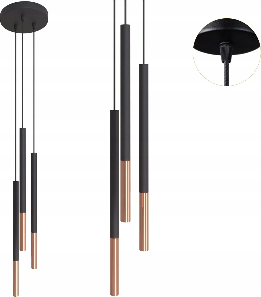 Függőlámpa kerek tetőkárpittal fekete színben Fonott kábel 3xG9