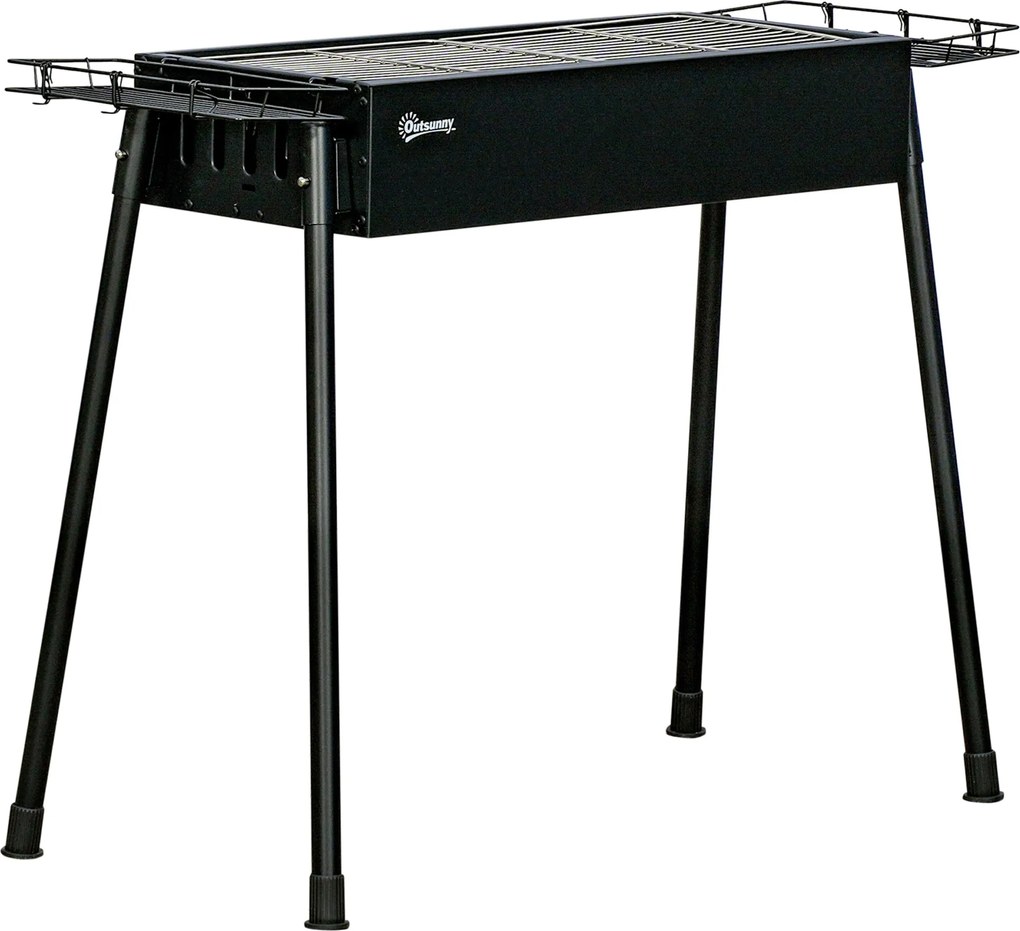 Outsunny Hordozható Szén Grillező 2 Rozsdamentes Acél Rácsos és 2 Fűszerszekrény a Kempinghez Piknikhez Kerthez 94x39x70 cm Fekete | Aosom