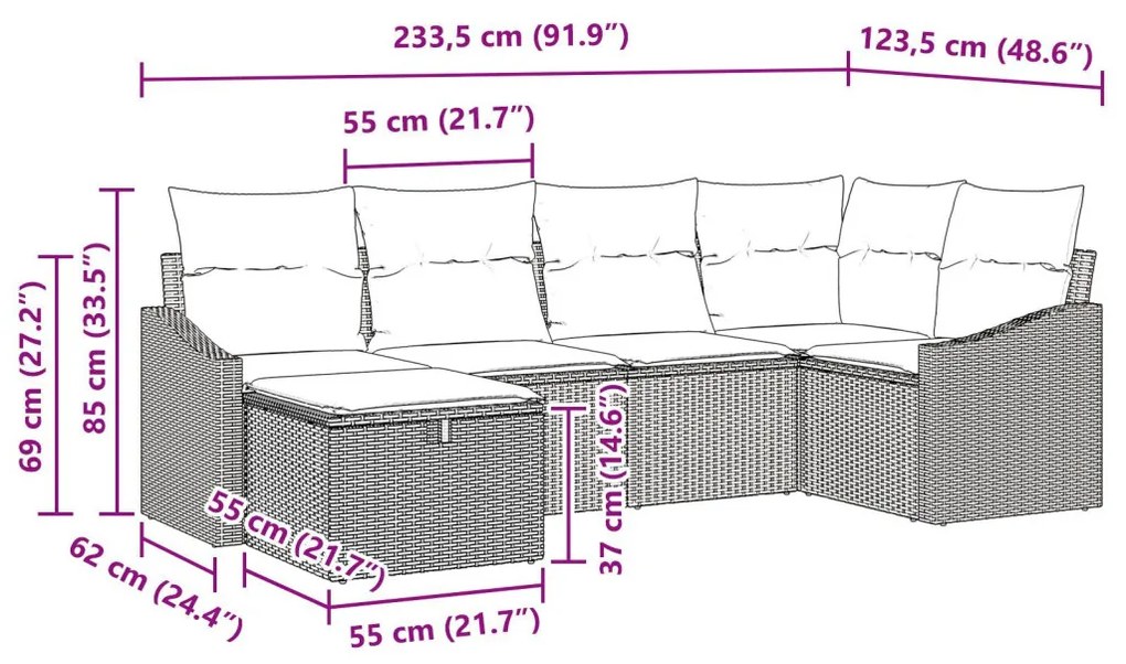 6 részes Kert Kanapé Készlet párnákkal, Világosszürke, Polirattan