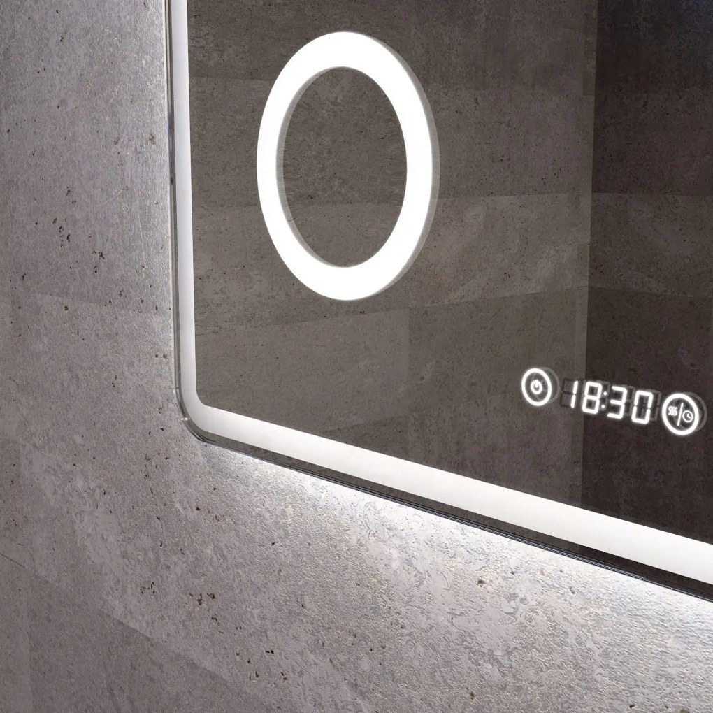 Fürdőszobai LED tükör 80x80cm | Páramentesítő - Kozmetikai tükör - Fényerő + színhőfok állítás - Digitális óra | Welland Luxury-Line G795