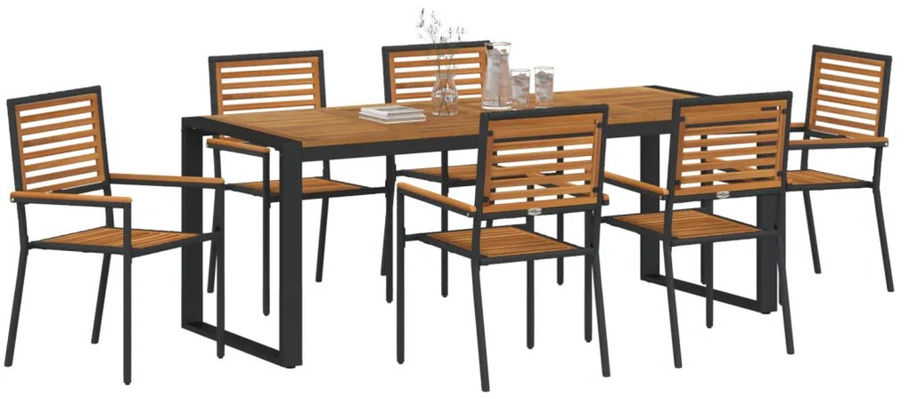 7 darabos kerti étkezőszett fekete polyrattan akácia, egymásra rakható kerti székek párnákkal 2db fekete polyrattan