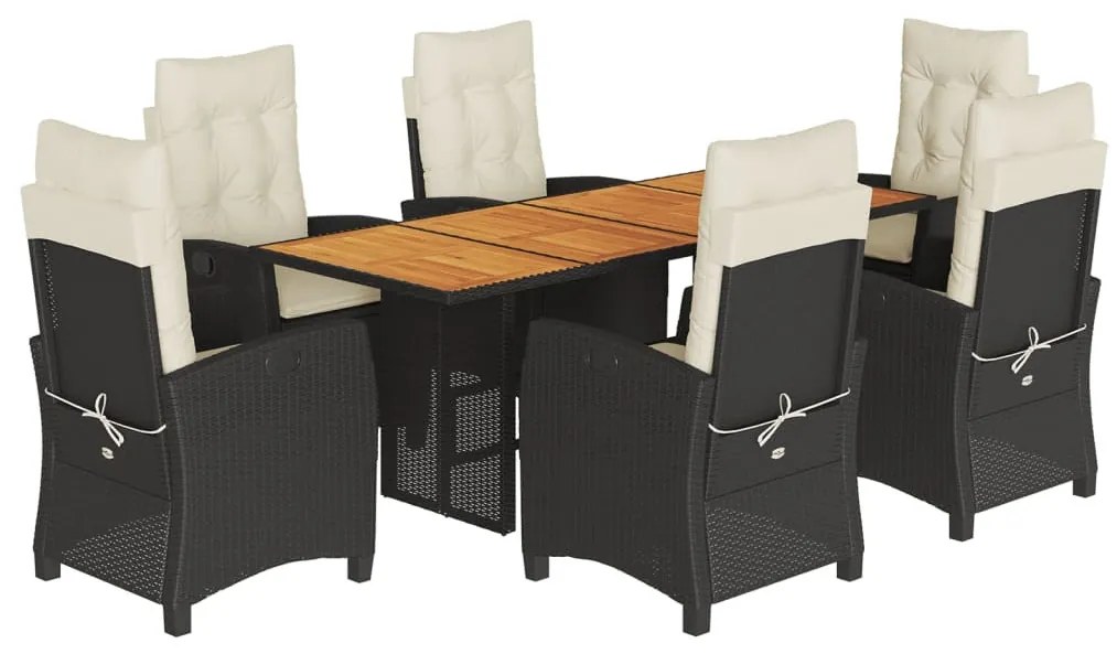 7 részes fekete polyrattan kerti étkezőgarnitúra párnával