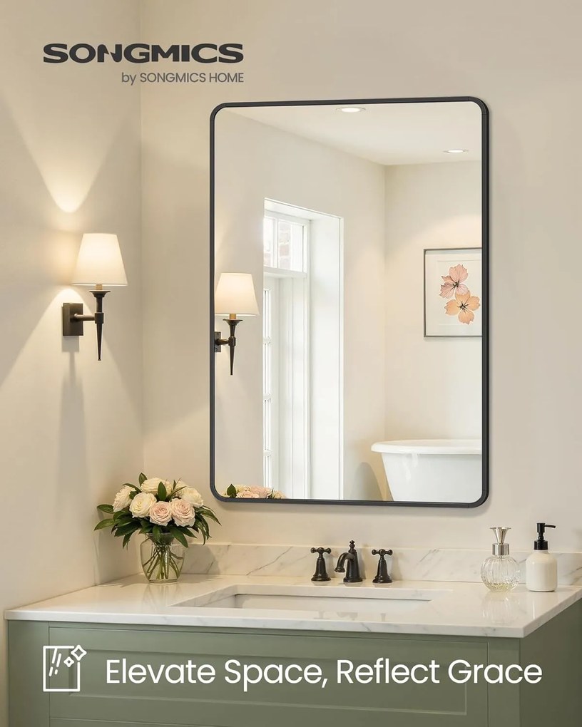 SONGMICS fürdőszobai tükör, falra szerelhető kozmetikai tükör, téglalap alakú, alumínium keret