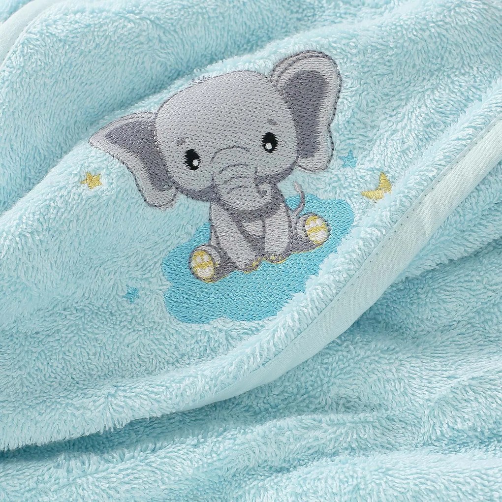 Goldea gyermek frottír fördőlepedő csuklyás - kék alapon elefánt 100 x 100 cm
